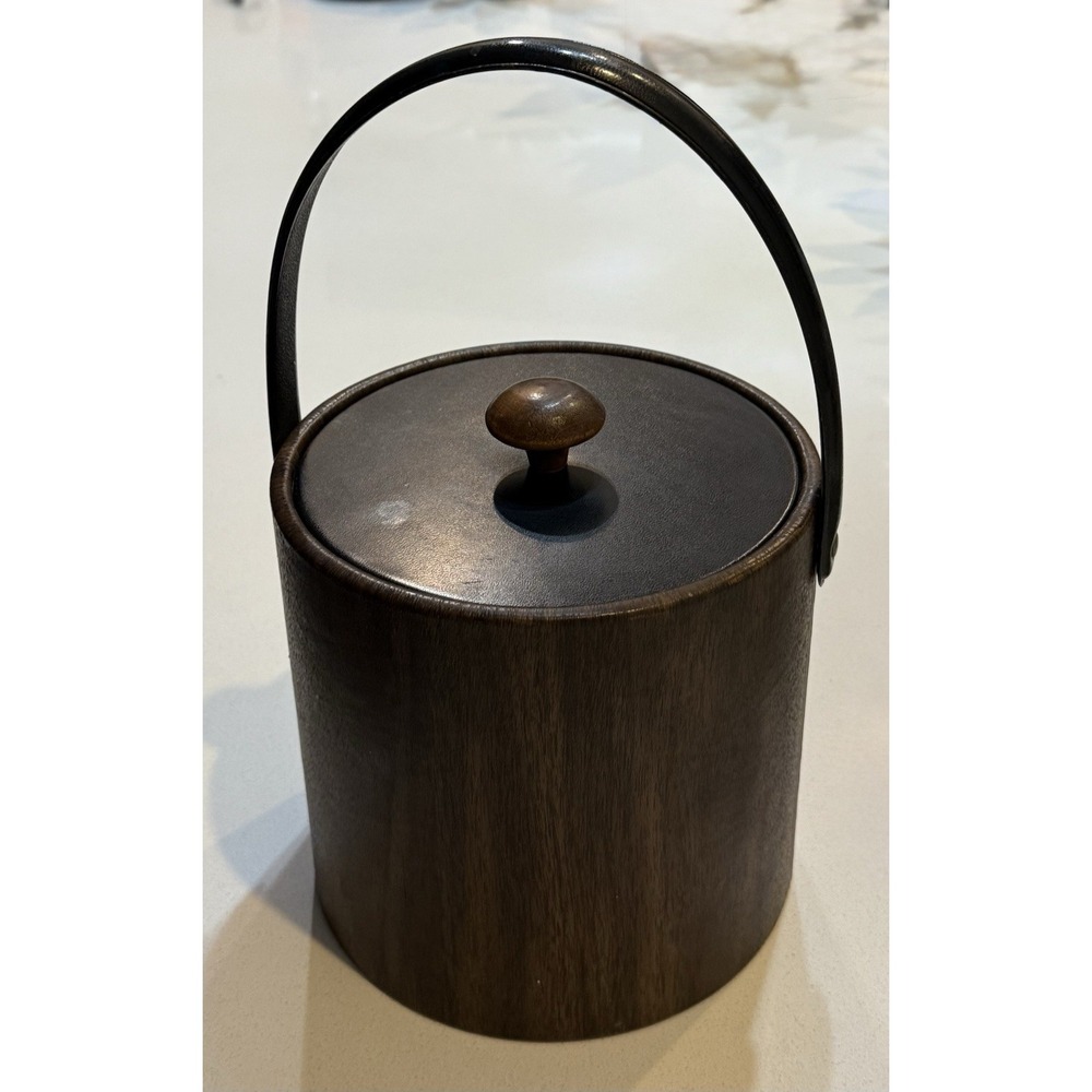 Vintage‎ Irvinware MCM Ice Bucket Faux Leather Wood Grain Lidded USA Made